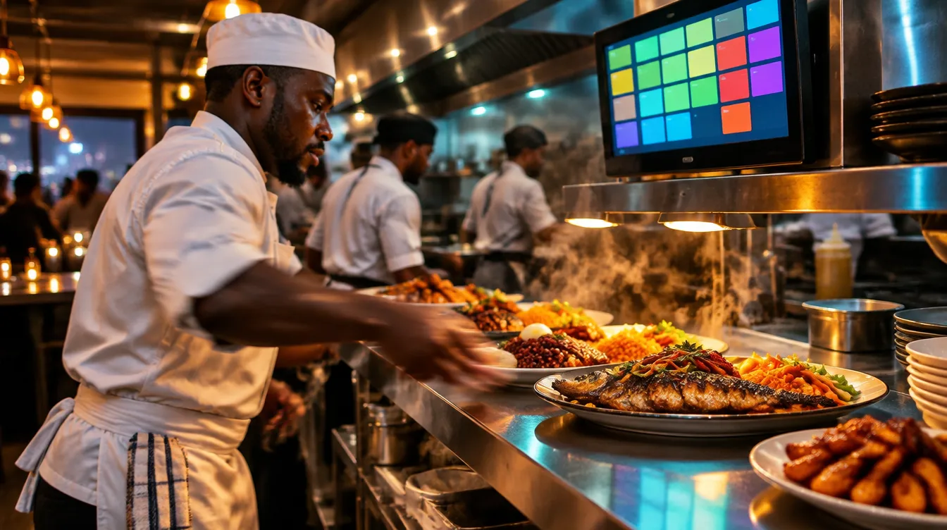 A restaurant kitchen pass at dinner rush with a kitchen display above the plates