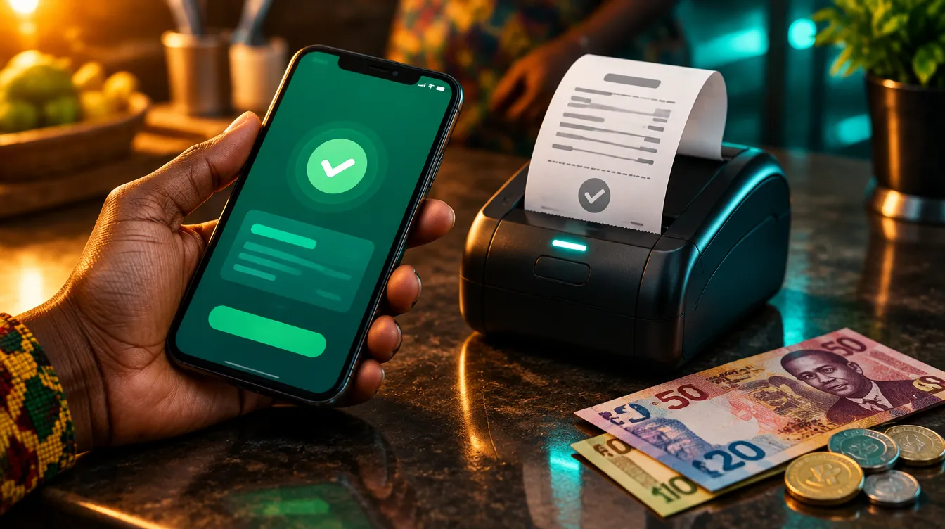 A customer approves an MTN MoMo payment while the receipt prints