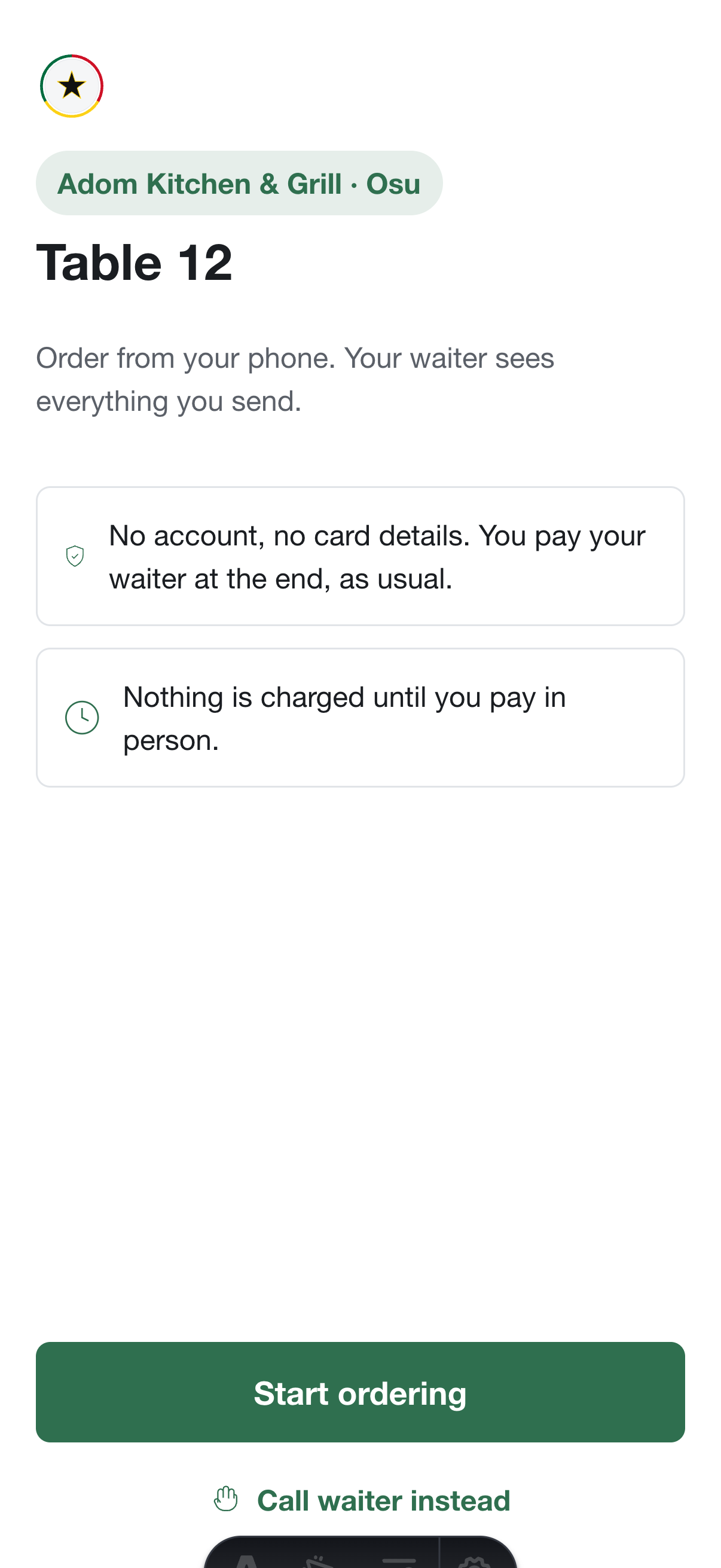 QR landing page on a phone: no account, no card, pay your waiter at the end