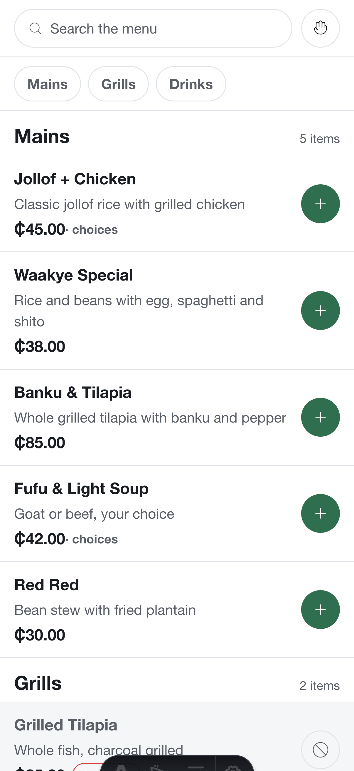 QR menu on a phone: dishes with cedi prices, categories and add buttons