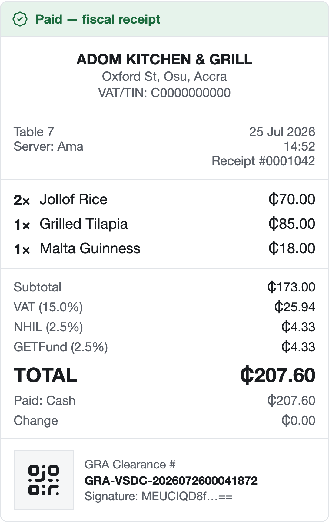 A paid fiscal receipt from Adom Kitchen & Grill showing VAT, NHIL and GETFund tax lines and a GRA clearance QR code