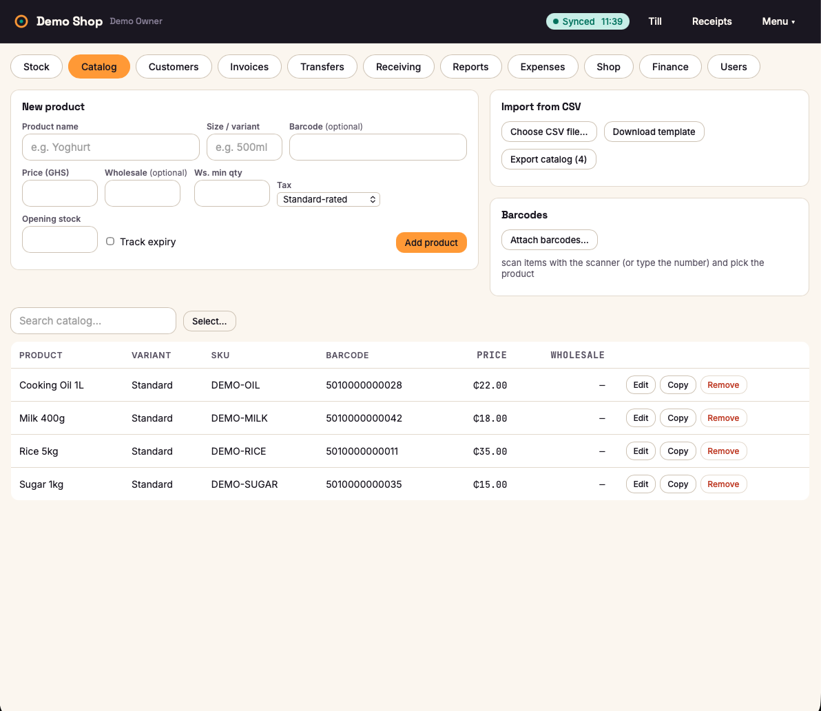 Obali POS back office catalog with product list, CSV import and barcode tools