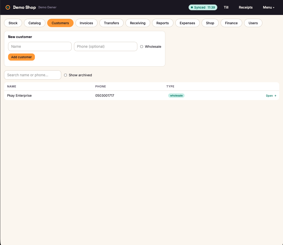 Obali POS customers view with wholesale tagging and search