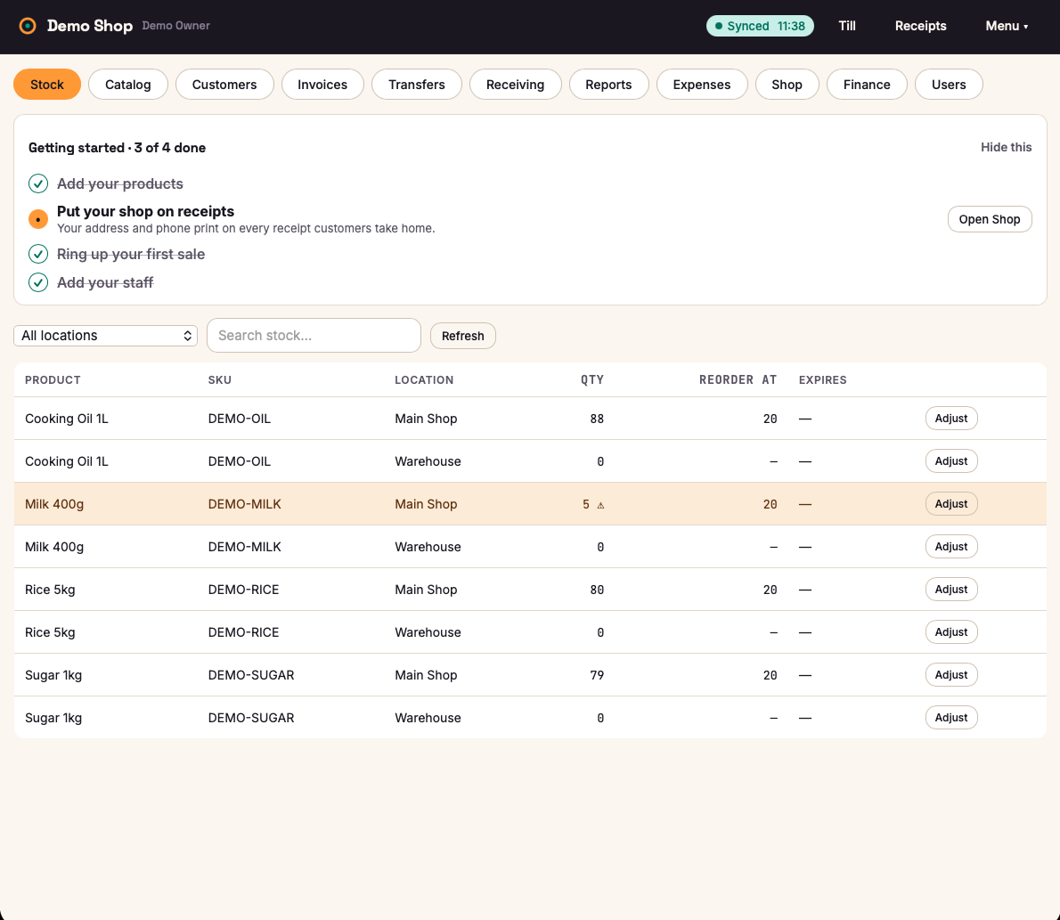 Obali POS stock view with quantities per location, reorder points and low-stock highlight