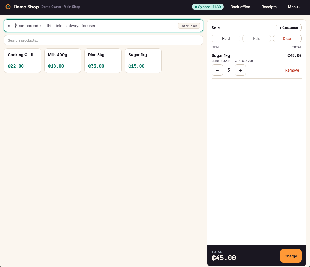 Obali POS till with barcode scan field, product grid and a running sale ready to charge